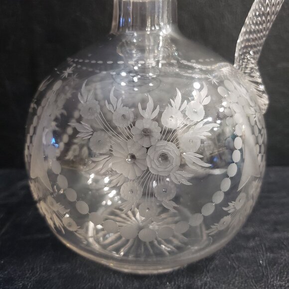 Victorian Hand Blown Decanter With Floral Bouquet And Twisted Rope Handle - Picture 2 of 10